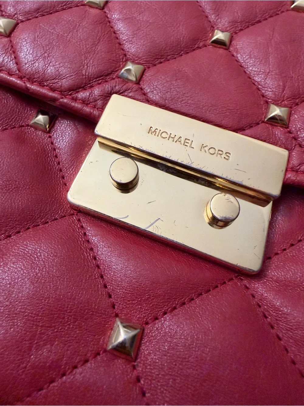 Michael Kors Red Quilted Stud Chain Shoulder Bag with Gold Hardware